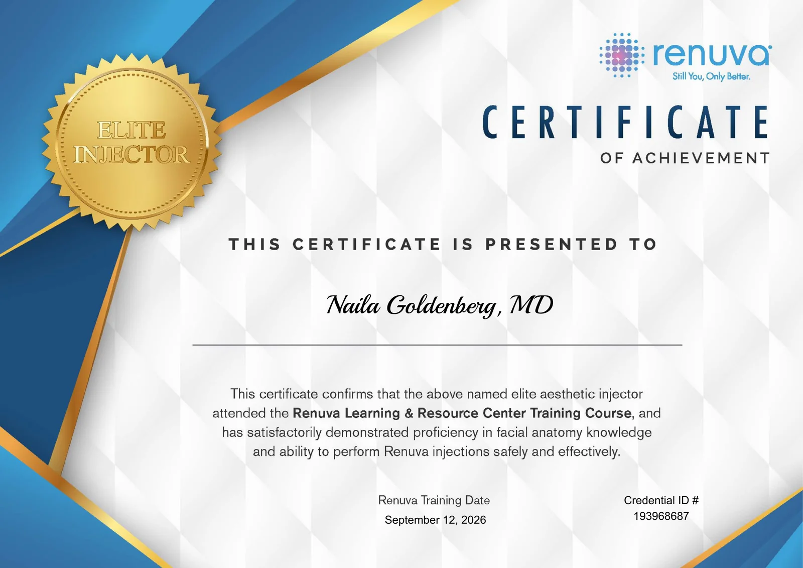 Renuva Elite Injector Certificate awarded to Dr Naila Goldenberg at Regenerative Aesthetics